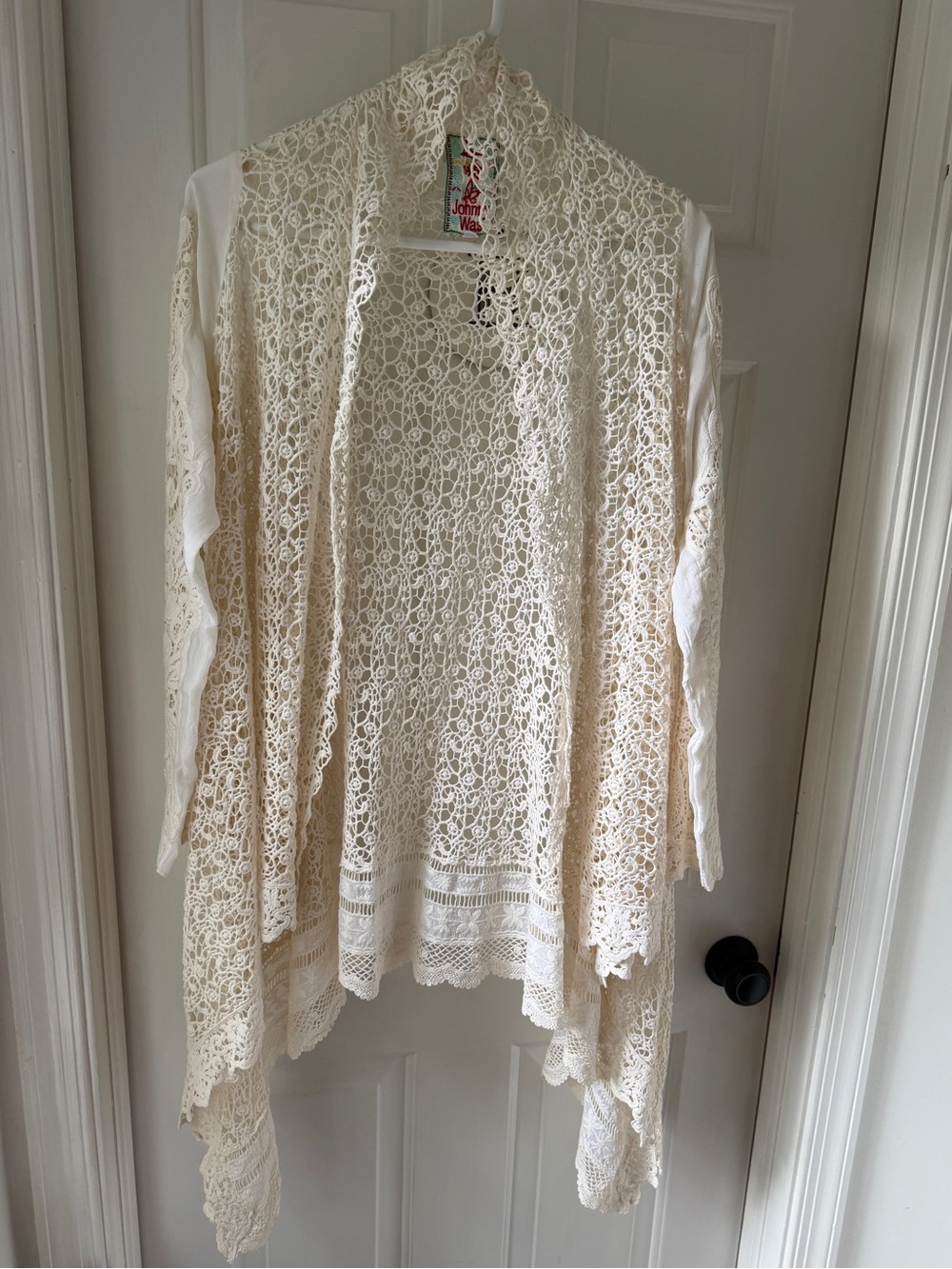 Johnny Was Ivory Crotchet and Silk Lace Open Front Cardigan Wrap Small
